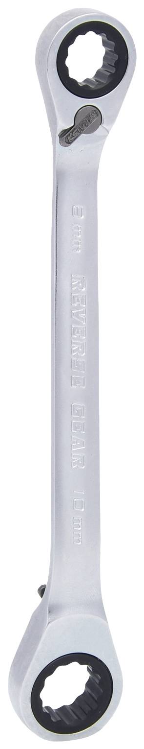 Ein silberner, doppelseitiger Ratschenringschlüssel in naher Aufnahme, zeigt eine 11 mm und 13 mm Größe für mechanische Arbeiten.