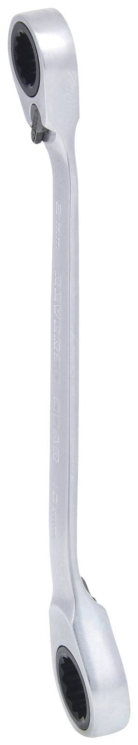 Ein silberner, gebogener Ratschenschlüssel aus Metall, geeignet zum Festziehen oder Lösen von Schrauben und Muttern in beengten Räumen.