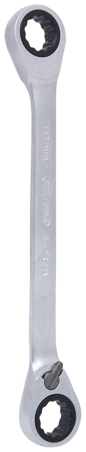 Ein doppelendiger Maulschlüssel mit Ratschenfunktion, hergestellt aus silbernem Metall, geeignet für 10 mm und 11 mm Muttern oder Bolzen.