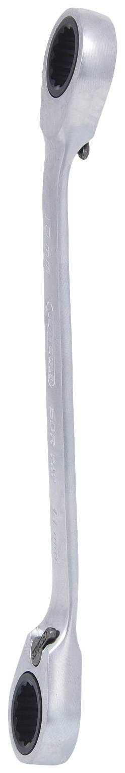 Ein verchromter Ringschlüssel mit Ratschenfunktion, doppelseitig, in der Mitte gekrümmt. Werkzeug zur Befestigung oder Lösung von Schrauben.