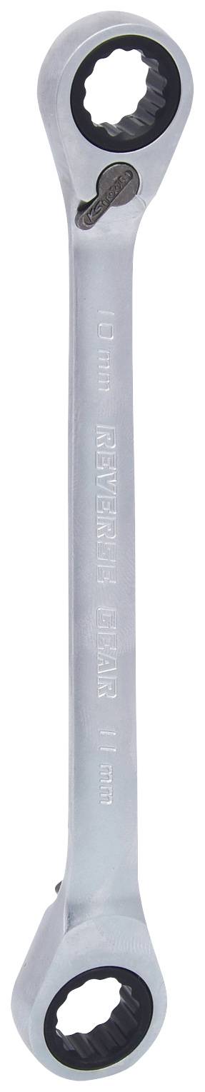 Ein silberner, doppelseitiger Ringschlüssel mit einer 12-Punktaufnahme an jedem Ende, zum Festziehen oder Lösen von Schrauben.