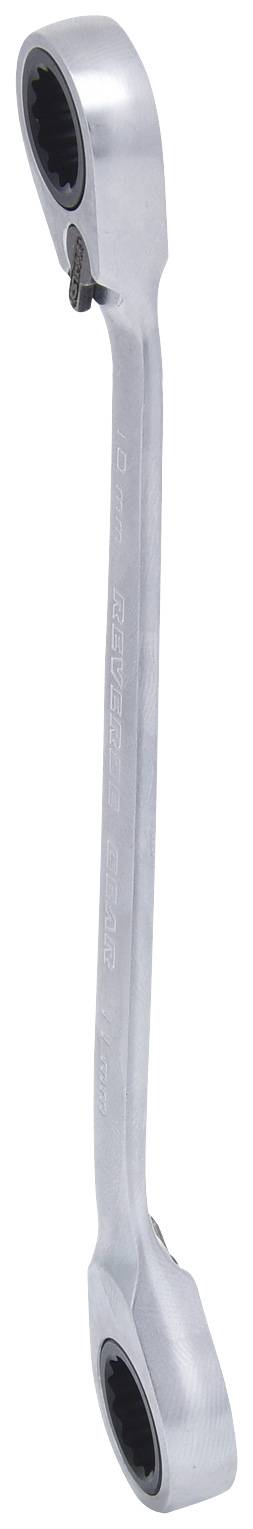 Ein silberner Ringschlüssel mit Ratschen an beiden Enden. Eignet sich für die Arbeit an schwer zugänglichen Schrauben und Muttern.