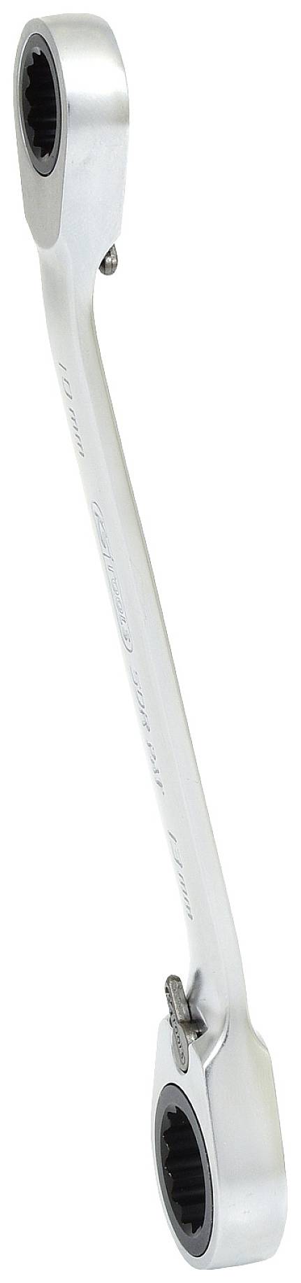 Ein silberner Ratschenringschlüssel mit zwei unterschiedlich großen Enden.
