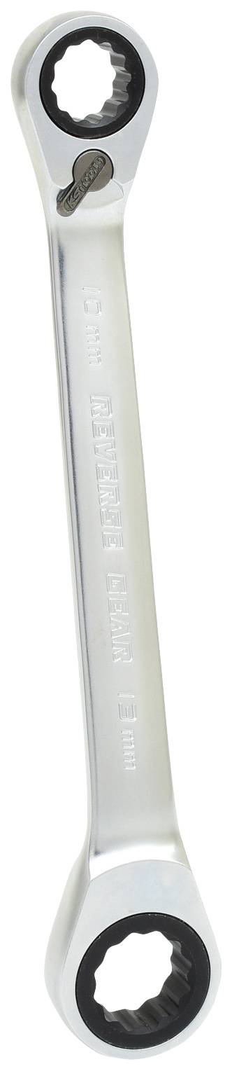 Ein silberner Ratschenringschlüssel mit zwei offenen Enden und einer Drehmechanik, vermutlich für handwerkliche Arbeiten.