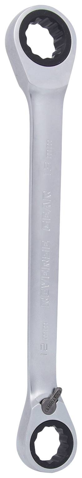 Ein silberner Ringmaulschlüssel mit Ratschenmechanismus an beiden Enden, zur Vereinfachung von Schraubarbeiten.