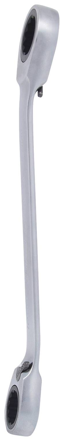 Doppelringschlüssel aus Metall, silberfarben, leicht gebogen, mit zwei unterschiedlich großen Ringenden für vielseitigen Gebrauch.