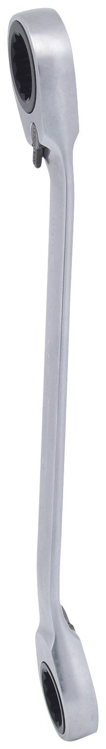 Ein silberner, doppelseitiger Ratschenringschlüssel aus Metall.