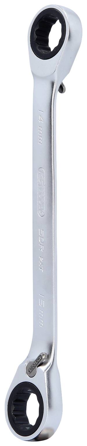 Ein silberner Ratschen-Ringmaulschlüssel mit zwei unterschiedlich großen Enden. Geeignet für verschiedene Schraubengrößen.