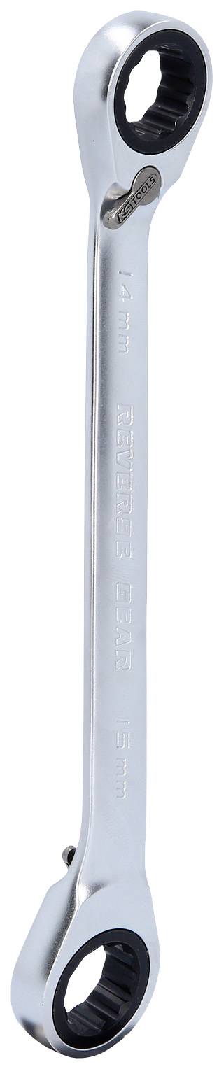 Silberner Ratschenringschlüssel mit zwei Enden, passend für verschiedene Schraubengrößen. Ideal für mechanische Arbeiten.