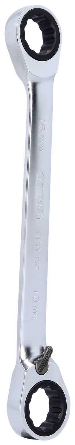 Ein silberner Maulschlüssel mit Ratschenfunktion, an beiden Enden mit schwarzem Zahnkranz, wird in vertikaler Position dargestellt.