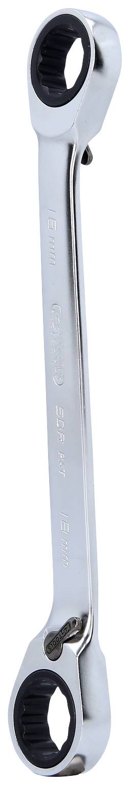 Metallschlüssel mit Zahnkranzmechanismus an beiden Enden, in glänzendem Metall. Geeignet zum Festziehen von Schrauben.