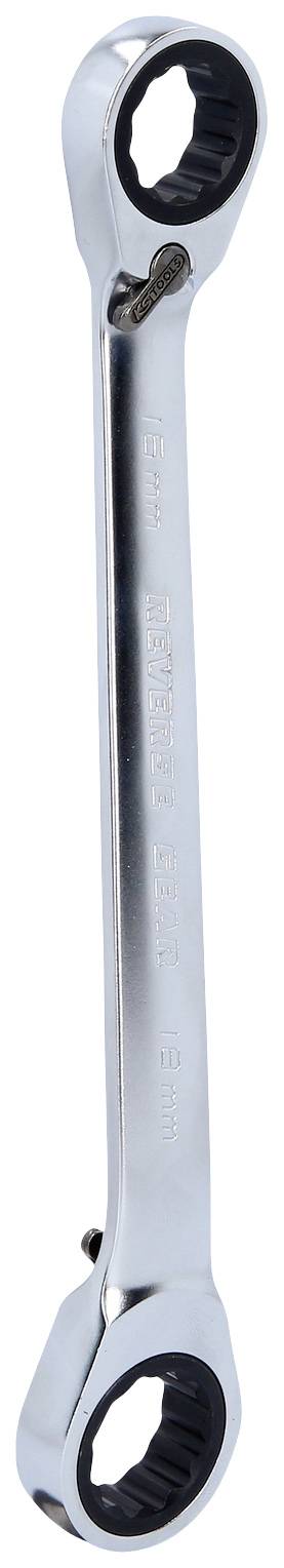 Ein silberner Ringschlüssel mit Ratschenfunktion, geeignet für Sechskantschrauben, dargestellt in vertikaler Ausrichtung.