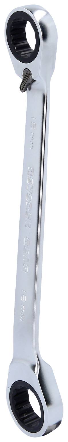 Ein silberner Ringschlüssel mit zwei Ratschenseiten, geeignet zum Lösen und Festziehen von Schrauben in engen Räumen.