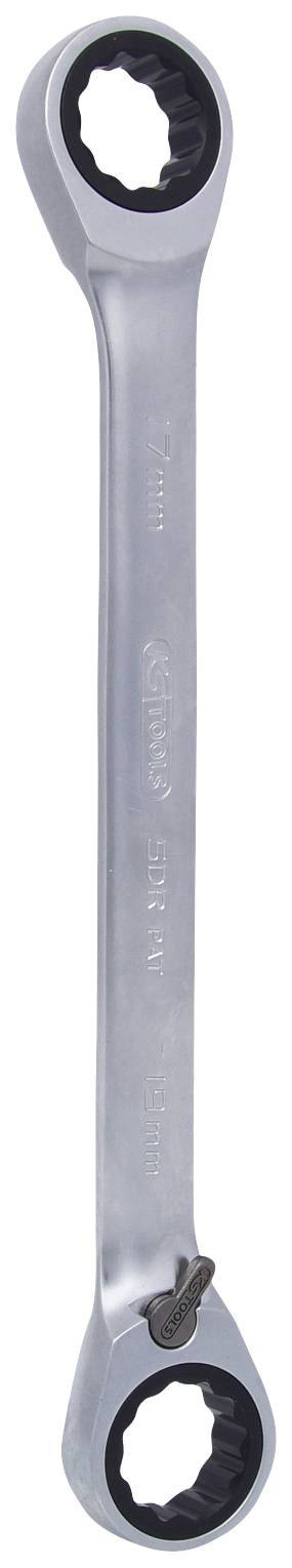 Ein silberner Ratschenringschlüssel mit zwei unterschiedlich großen Enden, geeignet für verschiedene Muttern oder Schrauben.