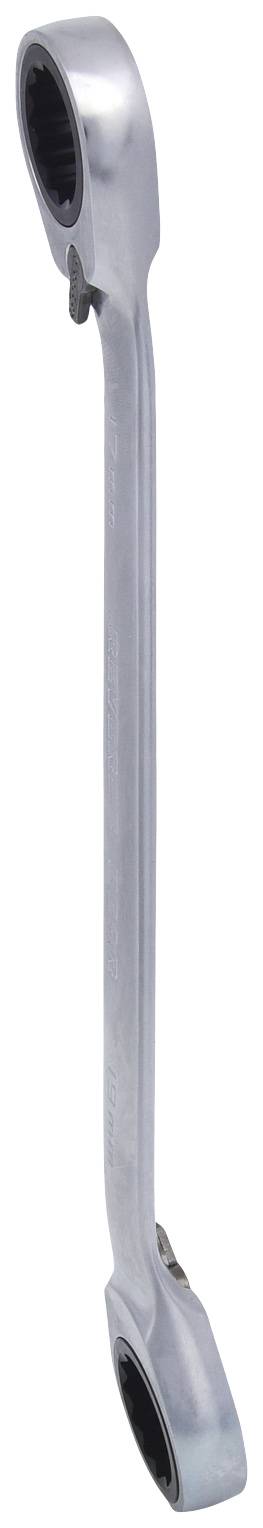 Ein silberner Ringschlüssel mit Ratschenmechanismus, leicht gebogenes Design. Ideal für mechanische Arbeiten und schwer zugängliche Stellen.