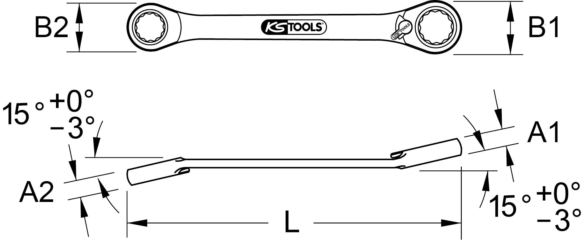 Doppelseitiger Maulschlüssel mit Bemaßungen: B1, B2, A1, A2, L. Seitliche Neigungswinkel von 15°/-3° und 15°/+0° angegeben.