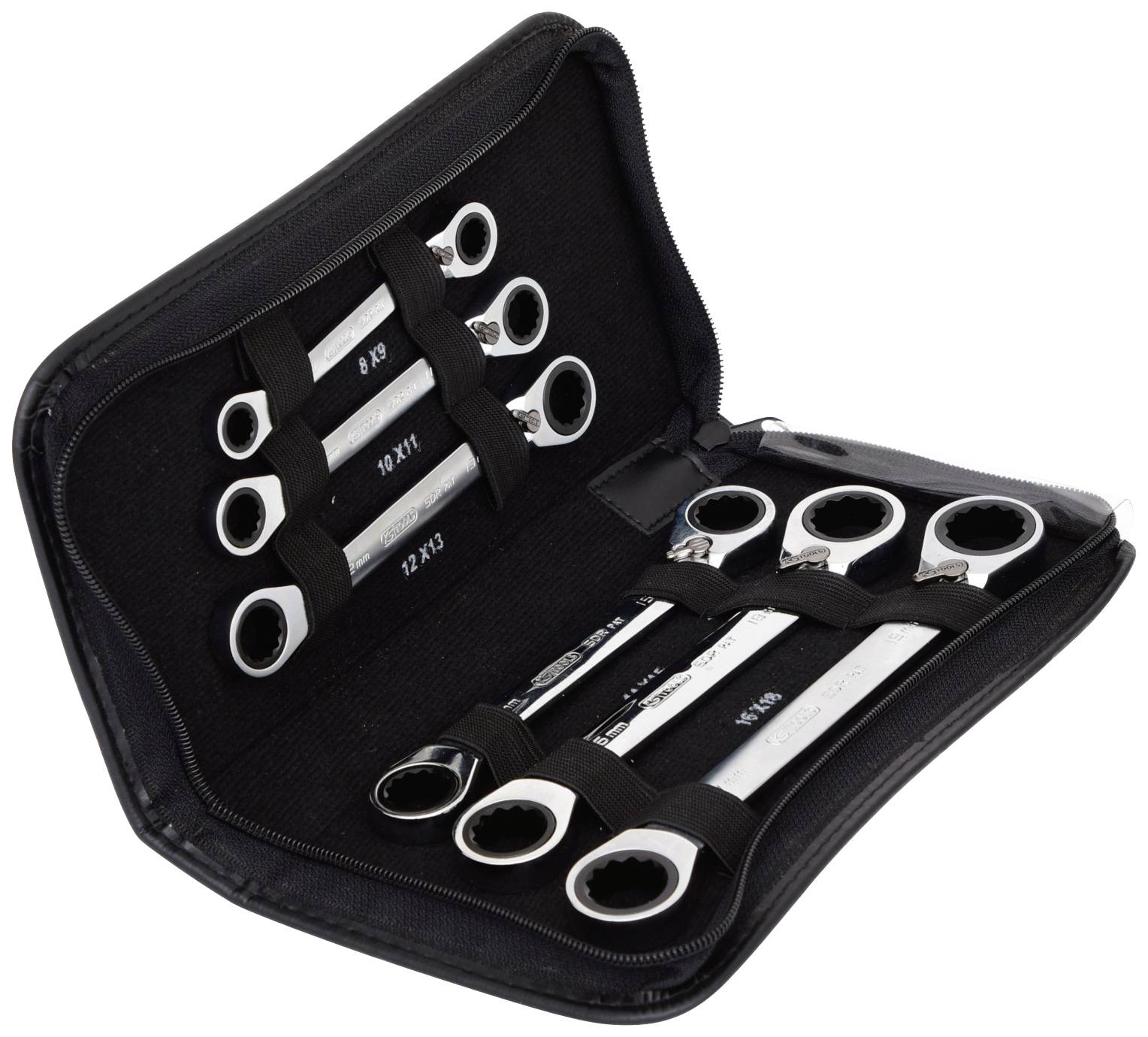 Ein offenes Werkzeugetui mit sechs Ringmaulschlüsseln in unterschiedlichen Größen, die in elastischen Haltern fixiert sind.