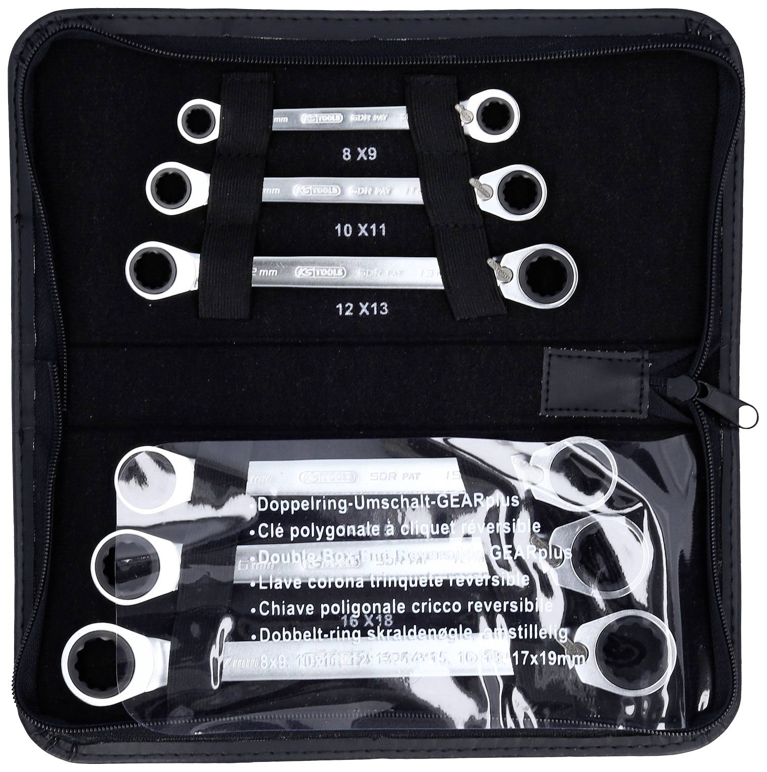 Fünf Doppelringschlüssel in verschiedenen Größen (8x9mm bis 12x13mm) in einem schwarzen Etui mit Reißverschluss, teils transparent.