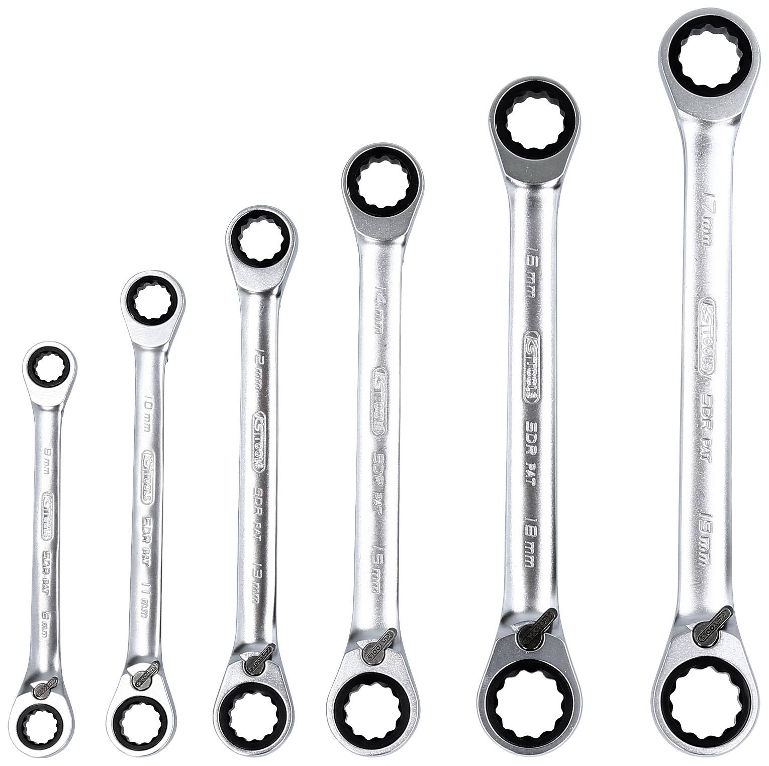 Sechs Maulschlüssel in verschiedenen Größen von 8 mm bis 19 mm, in einer vertikalen Reihe angeordnet.