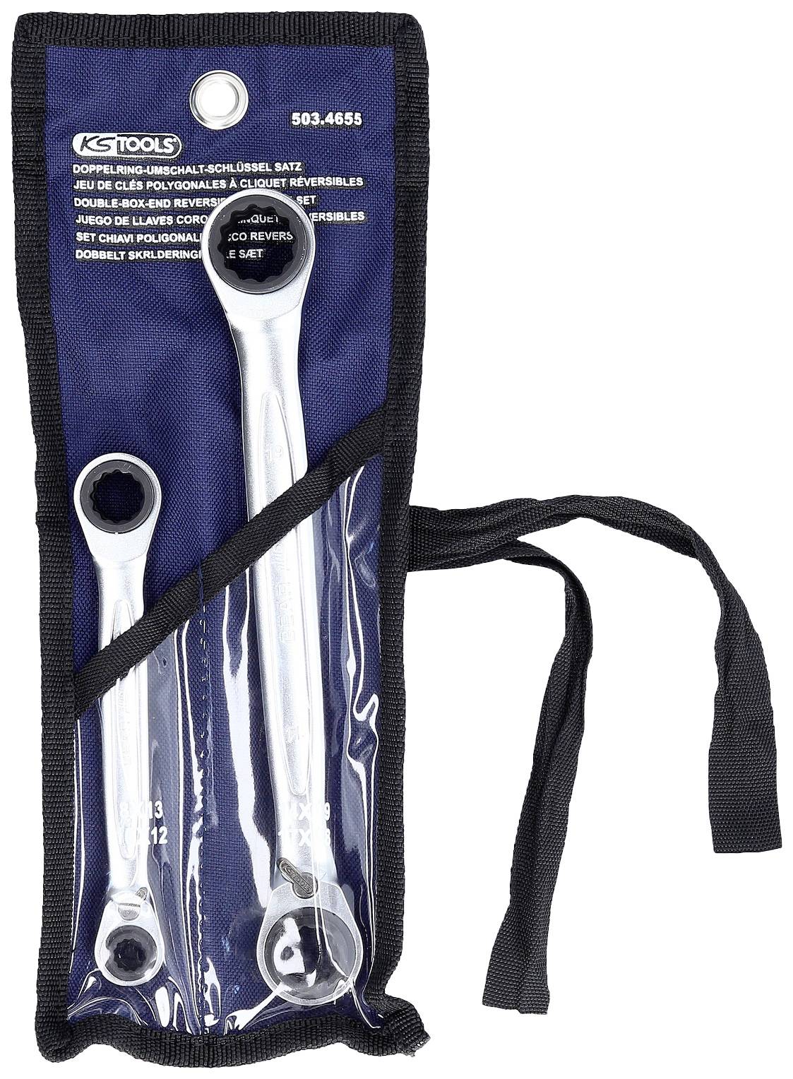 Zwei silberne Drehmomentschlüssel in einer schwarzen Stofftasche mit transparentem Vorderteil. Oben ist das Logo 'KS Tools' sichtbar.
