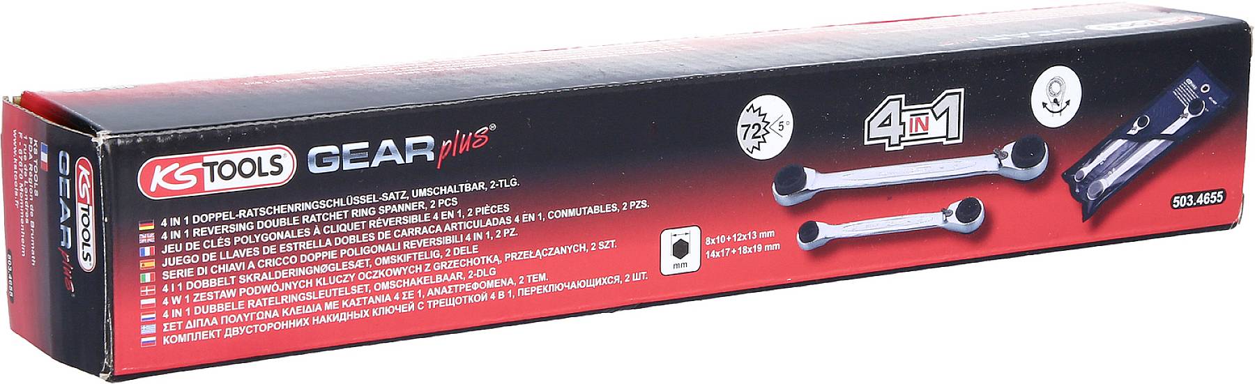 Verpackung einer 4-in-1-Ratsche von KS Tools mit Produktabbildung und mehreren Funktionen in verschiedenen Sprachen.