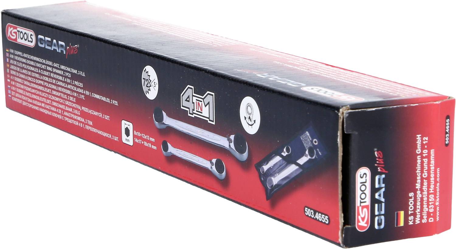 Eine Verpackung mit zwei Gabelschlüsseln. Aufdruck zeigt 'KS Tools' und 'GearPlus'. Produktdetails und Logos sind sichtbar.