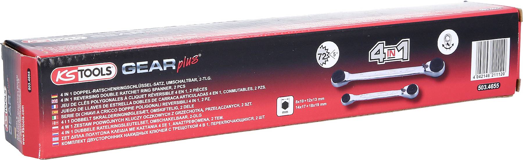 Verpackung von KS Tools GEARplus Ratsche, zeigt zwei Ratschen, hervorgehobene Funktionen '4 in 1', '72 Zähne', mehrsprachige Beschreibungen.