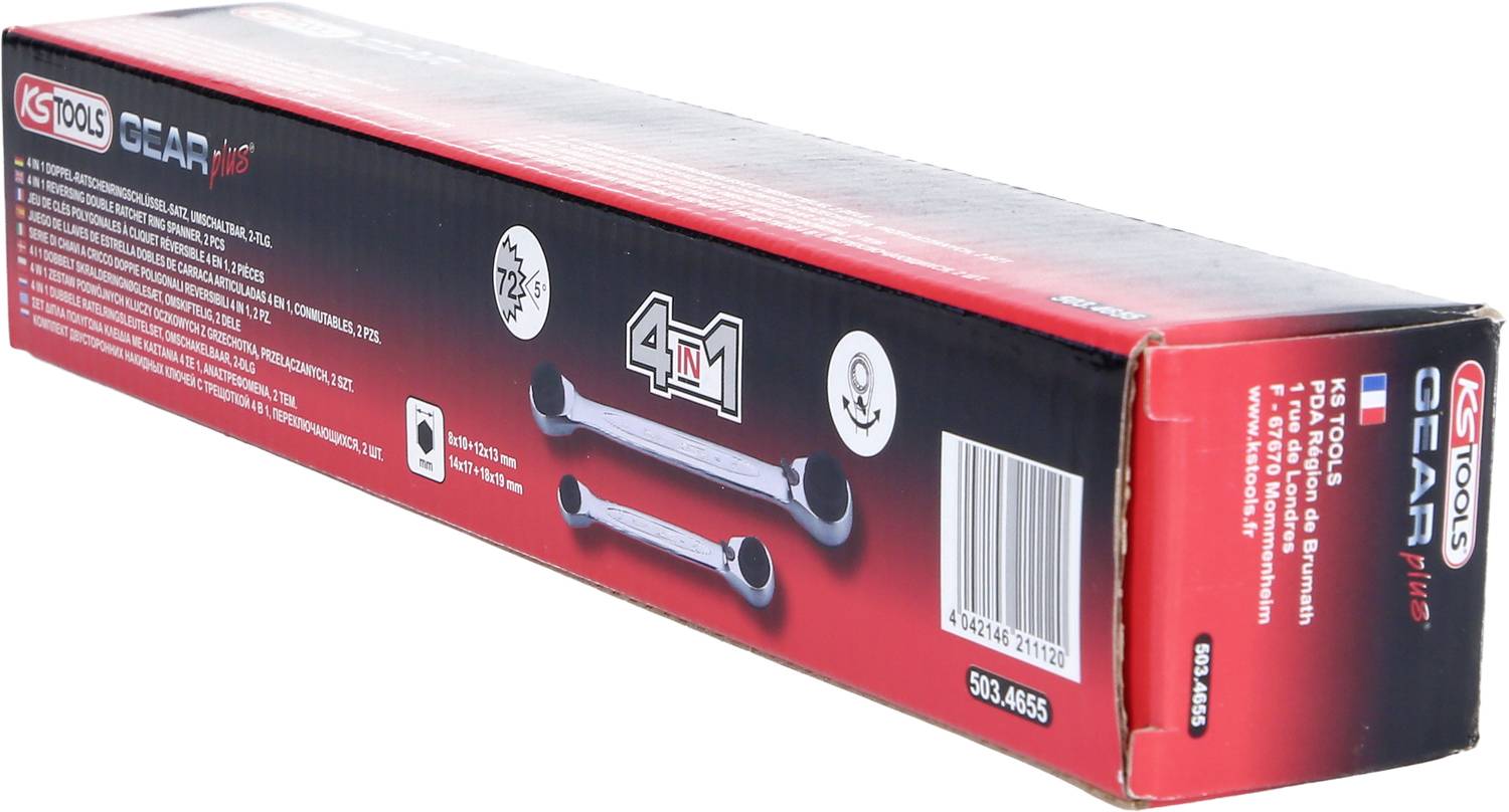 Verpackung einer KS Tools Gear Plus Ratsche, zeigt zwei abgebildete Ratschenschlüssel und Spezifikationen auf rotem Hintergrund.