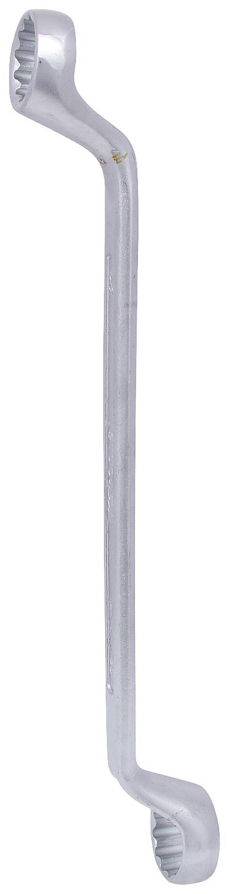 Ein silberner Doppelmaulschlüssel mit zwei Enden in entgegengesetzten Winkeln, typisch für Arbeiten an schwer zugänglichen Stellen.