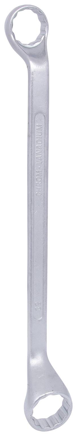 Ein Schraubenschlüssel mit zwei Ringenden, aus silbernem Metall. Geeignet zum Lösen und Festziehen von Schrauben und Muttern.