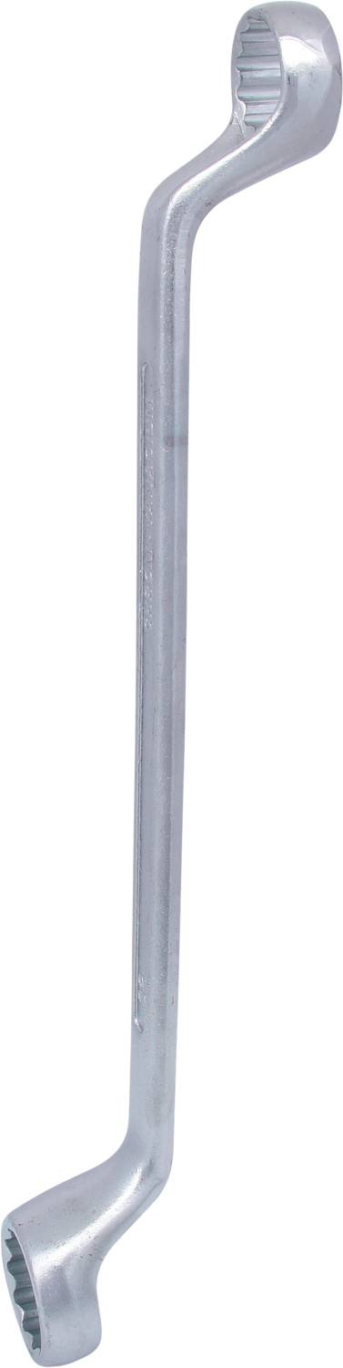 Ein silberner Ringschlüssel mit zwei entgegengesetzten Enden, die unterschiedlich gewinkelt sind, wird gegen einen weißen Hintergrund gezeigt.