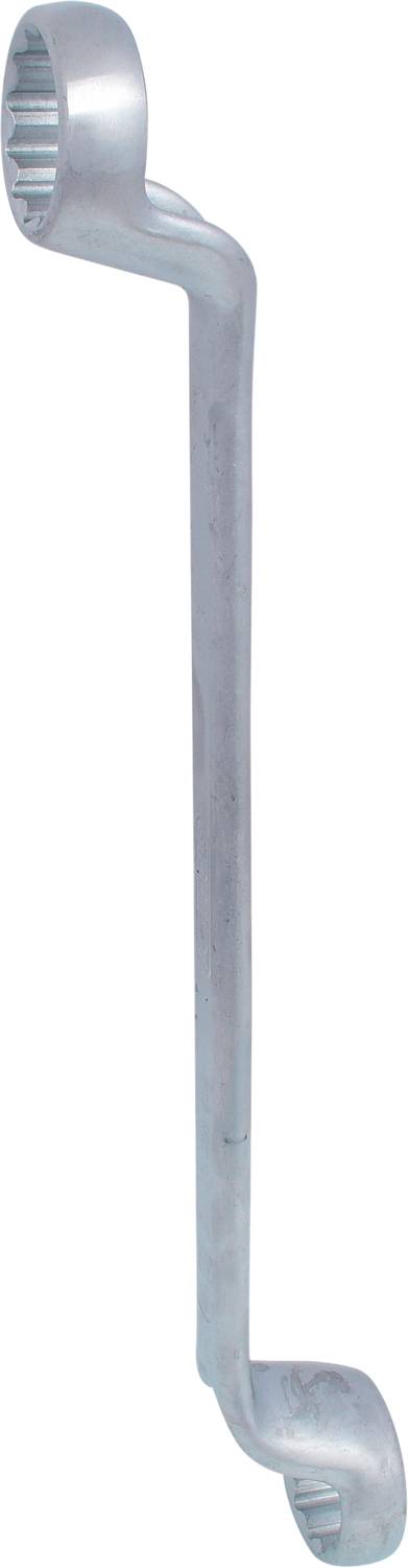 Schraubenschlüssel mit Ratschenmechanismus, aus Metall, abgewinkelt für besseren Zugriff auf schwer erreichbare Stellen.