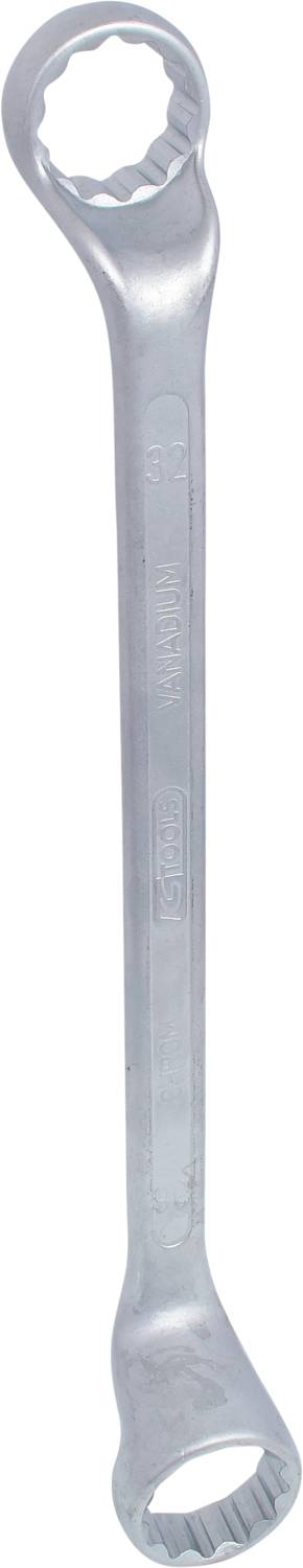 Ein silberner Ringschlüssel mit zwei unterschiedlich großen Enden, jeweils mit einem runden Kopf mit Zacken zur Anpassung an Schrauben.