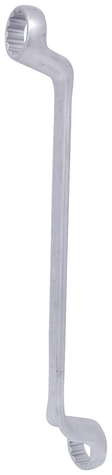 Ein silberner Ringschlüssel mit einem geschwungenen Griff.