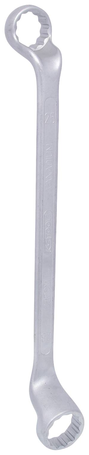 Ein silberner Doppelringschlüssel in schmaler Form, mit unterschiedlich großen Sechskantöffnungen an beiden Enden für Schrauben, auf weißem Hintergrund.