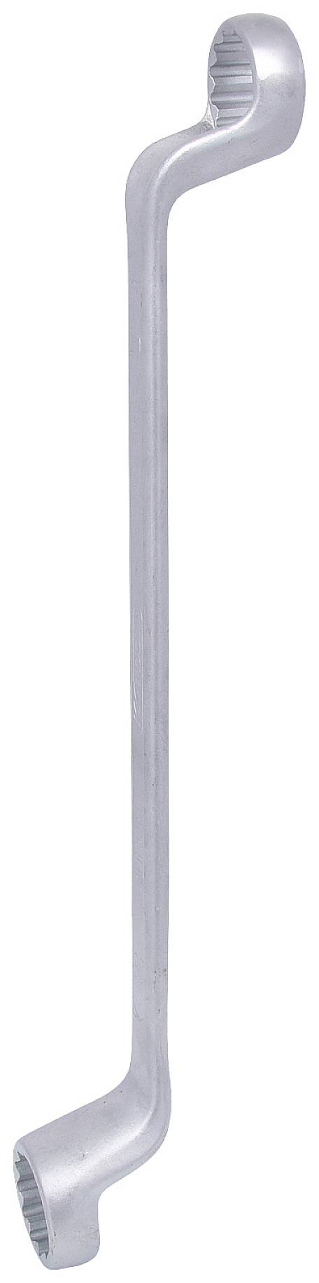 Ein silberner Schraubenschlüssel mit zwei abgewinkelten Enden, eines stärker gekrümmt als das andere, geeignet für spezifische Schraub- und Montagearbeiten.