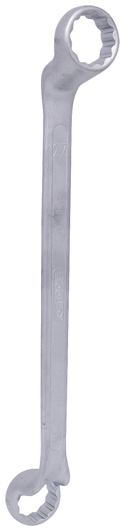 Ein silberner, doppelseitiger Ringschlüssel aus Metall, vertikal orientiert.