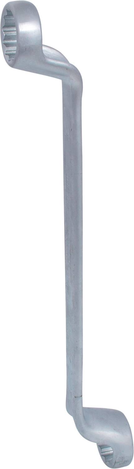 Ein silberner, gebogener Ringschlüssel aus Metall mit zwei offenen Enden unterschiedlicher Größe.