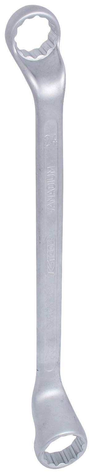 Ein silberner Ringschlüssel mit zwei offenen Enden für unterschiedliche Schraubengrößen, auf weißem Hintergrund.