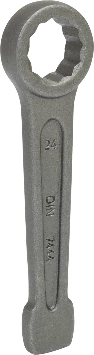 Metallschlüssel mit rundem Kopf und sechseckiger Öffnung. Aufschrift '24 DIN 7444'. Verwendet zur Montage von Schrauben.