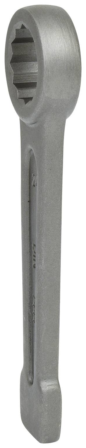 Ein silberner Ringschlüssel mit runder Öffnung und gezahnter Innenseite, geeignet für Montagearbeiten oder das Lösen von Schrauben.