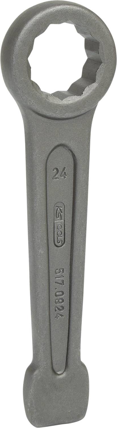 Ein großer Ringschlüssel aus Metall mit der eingeprägten Zahl '24' und Herstellerkennzeichnung auf dem Griff.