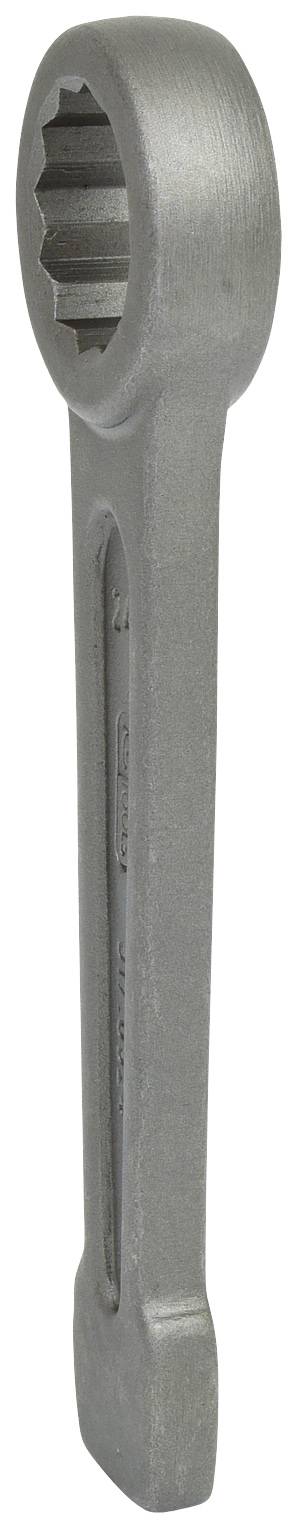 Ein grauer Schraubenschlüssel mit einem geriffelten Ende und einem runden Griff. Hauptsächlich für mechanische Arbeiten verwendet.