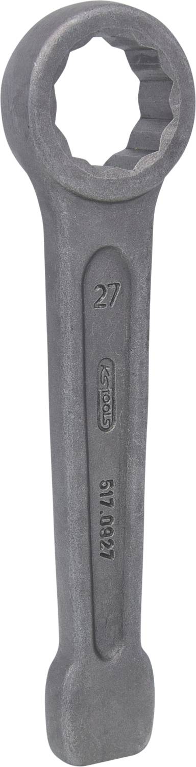 Ein massiver Ringschlüssel aus Metall mit der eingravierten Zahl '27'. Geeignet für technische Arbeiten und Reparaturen.