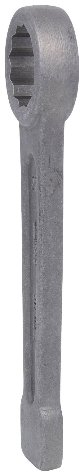 Ein großer, grauer Ringschlüssel aus Metall, vertikal ausgerichtet, vor weißem Hintergrund.