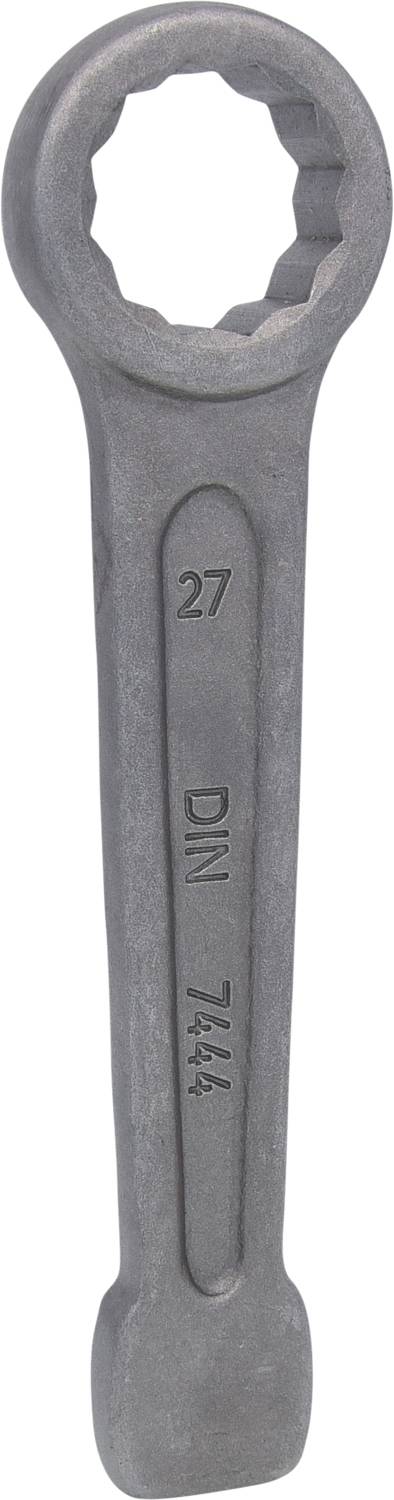 Gabelringschlüssel aus Metall, Größe 27, mit DIN-Nummer 7444. Verwendet zum Festziehen oder Lösen von Schrauben und Muttern.