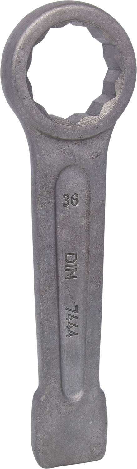 Ein silberner Schraubenschlüssel mit der Aufschrift 'DIN 7444' und der Nummer '36'.