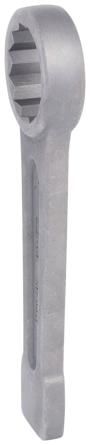 Abgewinkelter Schraubenschlüssel aus Metall mit einem sechseckigen Kopf zum Greifen und Drehen von Muttern oder Schrauben.