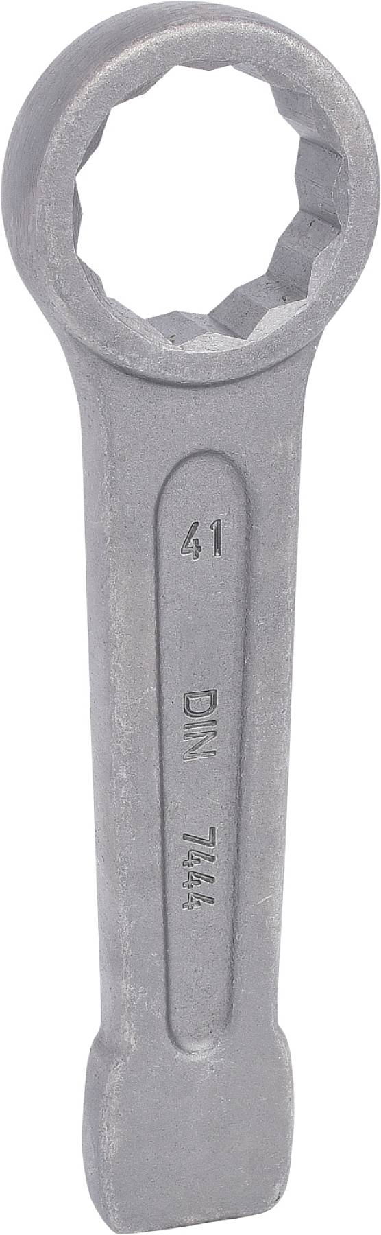 Grauer Schraubenschlüssel mit sechseckigem Loch und Gravur 'DIN 7444 41'. Industriewerkzeug zur Befestigung von Muttern und Schrauben.