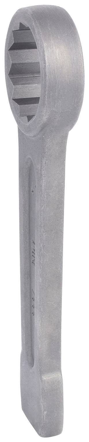 Ein silberner Ringschlüssel mit einem sechskantigen Kopf und einem langen Griff, geeignet für das Lösen großer Schrauben oder Muttern.